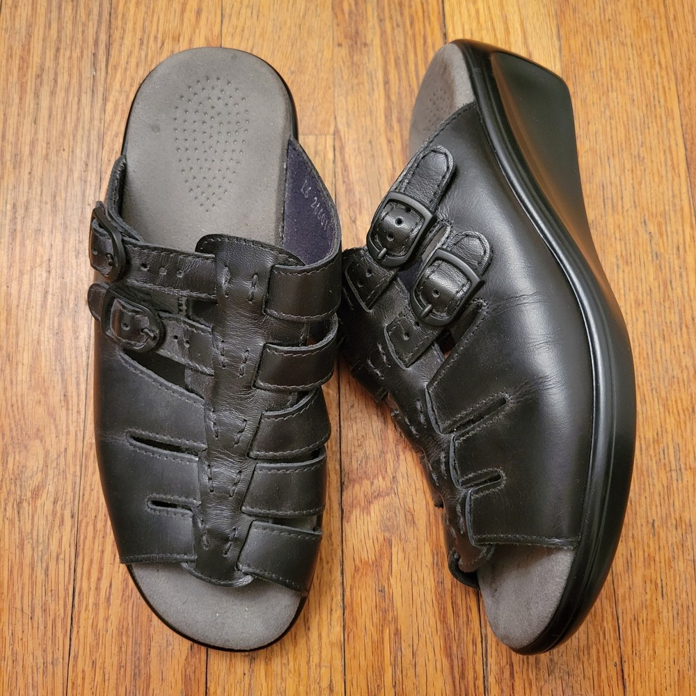 SAS 7M Sandals Black Leather Adjustable Buckle Wedge Slide TANGO Comfort